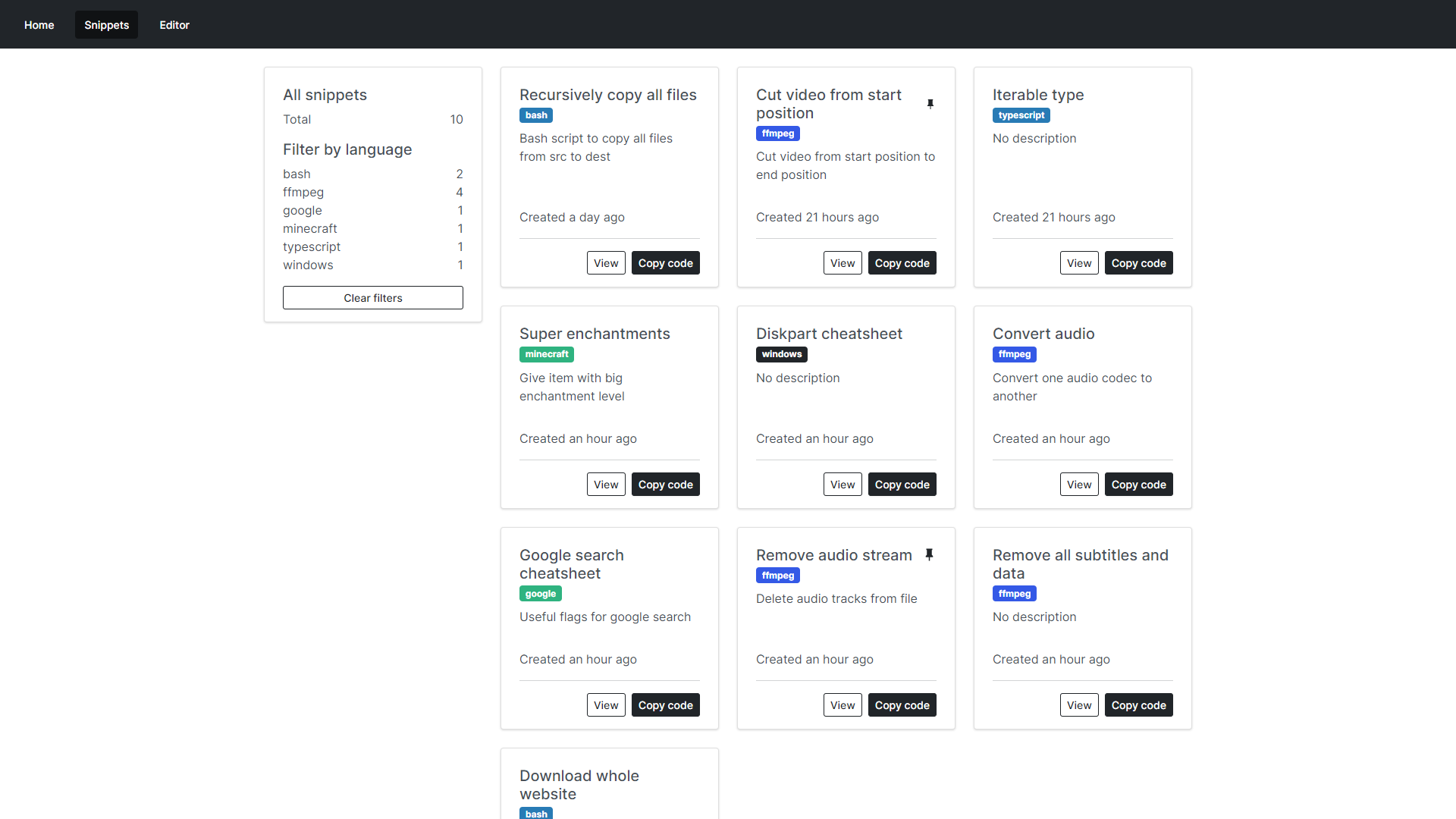 Snippet library screenshot